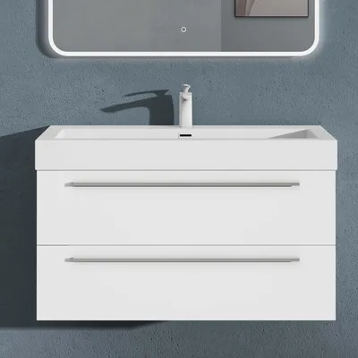 Image de doporro Meuble de Salle de Bains Blanc Mat Ensemble de 2 Pièces Meuble Suspendu avec Lavabo 100 cm Design Quadratto