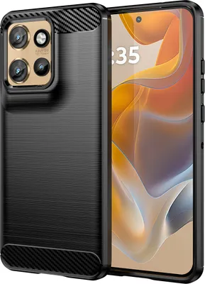 A black phone case is shown next to a smartphone.