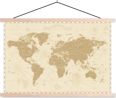 Produktbild von MuchoWow® Textilposter Weltkarte - Vintage - Retro 120x80 cm mit holzfarbenen Rahmen - Aufhängeset