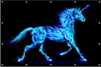 Produktbild von Wallario Outdoor-Poster für Garten oder Balkon, Motiv Design Einhorn - aus blauen Flammen, in ca. 120 x 180 cm