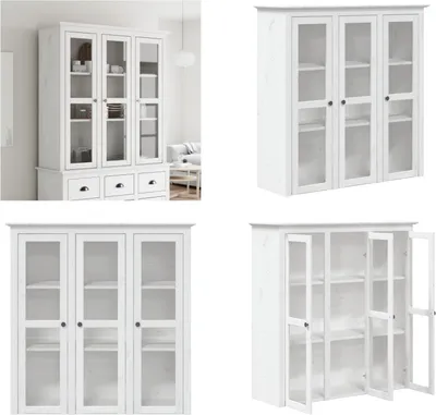 Produktbild von vidaXL Vitrinenschrank mit Glastüren BODO Weiß Massivholz Kiefer - Vitrinenschrank - Vitrinenschränke - Schrank Mit Glastüren - Walisische Kommode