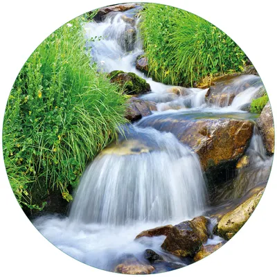 Produktbild von Wallario Premium Glasbild, freischwebende Optik, kräftige Farben, rund 50cm Durchmesser, Motiv Kleiner Bach über Steine