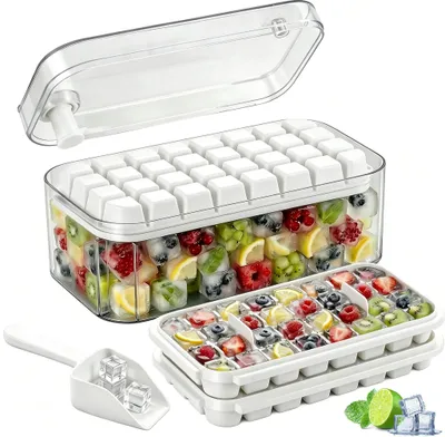 Produktbild von Eiswürfelform mit Deckel und Eisschaufel – 64 Eiswürfel – BPA-frei – Platzsparend – Ausstanzbarer Boden – Stapelbar – für Cocktails, Eiscreme – Weiß