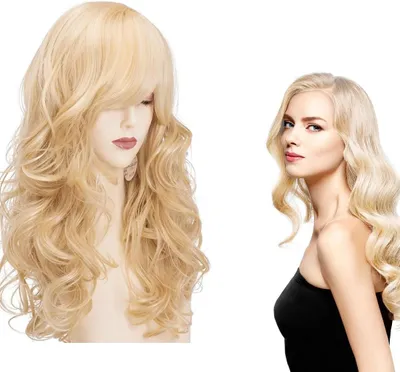 Imagen del producto de Peluca larga, rubia, de 60 cm, con ondas y flequillo, ideal para cosplay