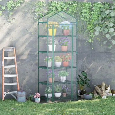 Produktbild von Gewächshaus mit Rolltür, 5 Regalebenen, Foliengewächshaus Tomatenhaus, Transparent | 69x49x193 cm | Stahl | 5,1 kg
