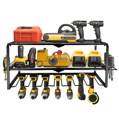 Immagine prodotto di Supporto da Parete per Attrezzi – Organizer a 3 Ripiani per Utensili Elettrici, Mensola Robusta con Supporto per Trapani per Garage e Officina
