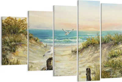 Produktbild von Bild auf Leinwand - Leinwandbild - 5 Teile - Impressionismus Möwen Küste - 150x100cm - Wand Bild - Wanddeko - Wandbilder - Leinwanddruck - Bilder - Wanddekoration - Leinwand bilder - EG150x100-4602