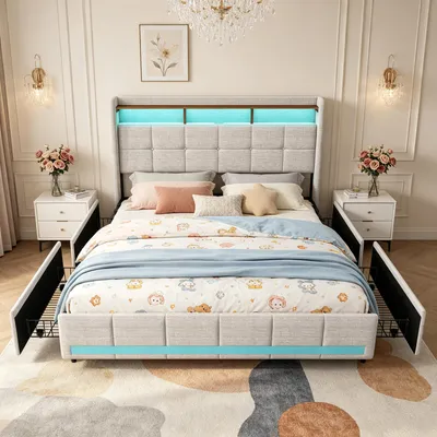 Produktbild von INONEFT Polsterbett 140x200cm mit 4 Schubladen, Doppelbett mit LED und USB,LED Bett, Jugendbett mit Stauraum,Kopfteil mit Stauraum, Bettwäsche,Beige