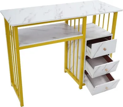 Produktbild von Maniküre Tisch mit 3 Schubladen, Stylischer Schminktisch, Manikürtisch, Standing Desk, Beauty Tisch für Nagelstudio, Beauty Salon, Home Spa, Marmor Optik & Gold Akzent 100x40x76 cm