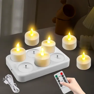 Produktbild von GBKDQQ 6 Stück Led Teelichter mit Timer, Wiederaufladbar, LED Kerzen mit Timerfunktion, Flackernde Flamme für Halloween Deko, Weihnachtsdekoration, Zimmer, Wohnzimmer