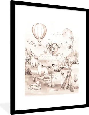 Produktbild von MuchoWow® Gerahmtes Poster Alpaka - Heißluftballon - Kinder - Mädchen - Jungen 60x80 cm - Poster mit Schwarzem Bilderrahmen Wandposter Rahmen Foto Bilder - Wohnzimmer - Dekorationen - Prämie