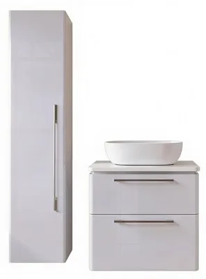 Produktbild von Badmöbel Set MOBI 60 cm - Grau Hochglanz - 2 Waschbecken - Waschbeckenunterschränke + Hochschrank - Badezimmerschränk