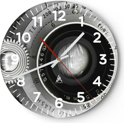 Produktbild von Wanduhr - Rund - Glasuhr - Objektiv Schwarzweiß Vintage - 40x40cm - Schleichendes Uhrwerk - Lautlos - zum Aufhängen bereit - Dekoration Modern - Wanddekoration aus Glas - C4AR40x40-4631