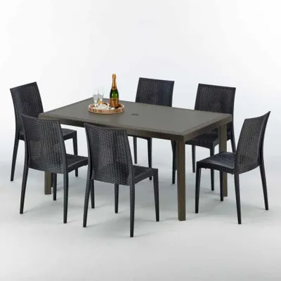 Produktbild von Polyrattan Tisch Rechteckig mit 6 Bunten Stühlen 150x90 Braun Focus
