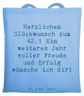 Produktbild von Mr. & Mrs. Panda Jutebeutel Spruch 42. Geburtstag - Sky Blue - Geschenk, Alter, Happy Birthday, Tasche, Lebensjahr, liebevoll handgefertigt, sich selbst feiern, Tote Bag