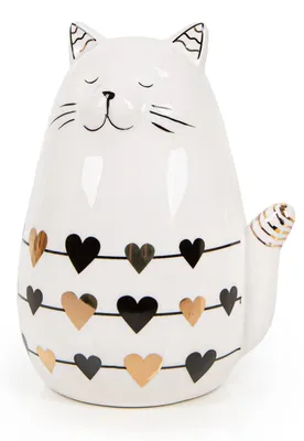 Produktbild von Katze Dekofigur aus Keramik mit Herzen gold weiß 13 cm