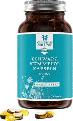 Produktbild von Ölmühle Solling Schwarzkümmelöl Kapseln ungefiltert 180 Stück vegan – 3.000 mg Schwarzkümmelöl & 1.740 mg Linolsäure pro Tagesdosis – ägyptisch