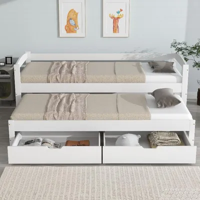 Produktbild von Tagesbett mit Ausziehbett 90x200 cm Weiß, Bett mit 2 Schubladen, Massivholzrahmen in Weiß, Bettgestell für Schlafzimmer