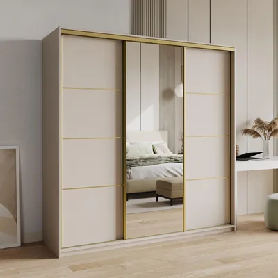 Produktbild von Masseno Schiebetürenschrank VARO 180/205/60 cm Kleiderschrank mit 4 Schubladen Schlafzimmer Schrank 3-türig mit Spiegel Kaschmir
