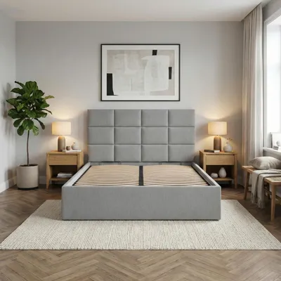 Produktbild von Polsterbett 140x200 cm mit Lattenrost, stabiles Doppelbett mit dekorativem Kopfteil, ohne Bettkasten, Geflecht, Grau, Hellgrau, YORK 140 x 200