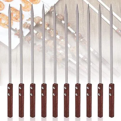 Image de Brochettes en acier inoxydable - Brochettes Adana - 10 pièces - 40 cm - Brochettes réutilisables - Brochettes à kebab - Pour la viande et les légumes - Manche en bois