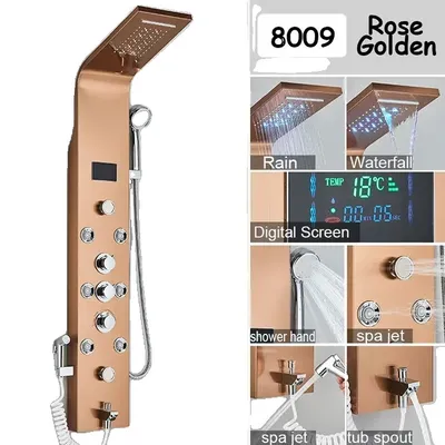 Produktbild von Duschpaneel, Regen- und Wasserfallfunktionen, LED-Temperaturanzeige, Rosen Gold 8009