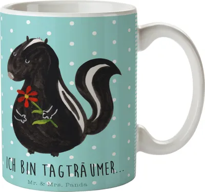 Produktbild von Mr. & Mrs. Panda Trinktasse Stinktier Blume - Türkis Pastell - Geschenk, Teetasse, Pott, Kaffeebecher, Henkelbecher, Skunk, Raubtier, Tasse, Kaffeetasse, Tagträumer