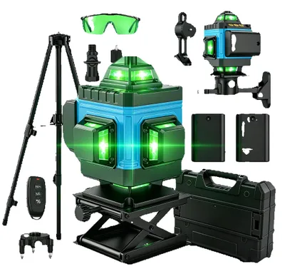 Obrázek produktu pro Laser s křížovými paprsky – 16 linií, 4x360° rotující laser – automatická nivelace – horizontální a vertikální – včetně stativu – zelená barva