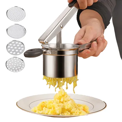 Produktbild von Kartoffelpressen, Kartoffelpresse,Edelstahl Spätzlepresse, 33 cm, Knoblauchpresse, 4 Arten von Filterlöchern, mit Aufhängeöse, Küchen-Gourmet