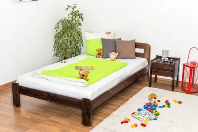 Produktbild von Kinderbett 120 x 200 cm | Massivholz: Kiefer | Nuss Lackiert | inkl. Rollrost