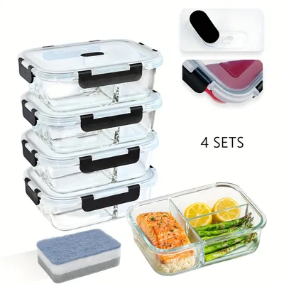 Produktbild von 4 Stück Glas Lebensmittelbehälter,mit Deckel,hitzebeständig für Mikrowelle und Kühlschrank,uftdichte auslaufsichere Lunchboxen,Meal Prep Boxen,schwarz