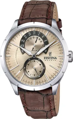 A close-up studio shot of a Festina men's watch with a brown leather strap.