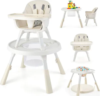 Produktbild von COSTWAY 6-in-1 Babyhochstuhl höhenverstellbar, Hochstuhl & Essenstuhl & Kindersitzgruppe mit Sicherheitsgurt, Doppeltablett & Aufbewahrungsbehälter, Babystuhl Aktivitätszentrum für Kleinkinder (Beige)