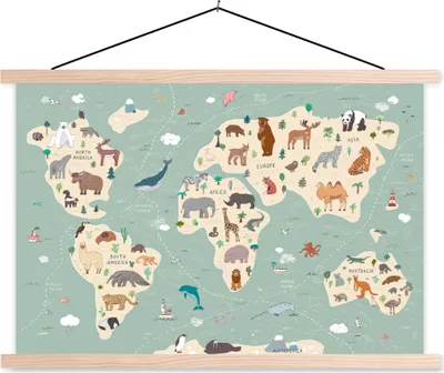 Produktbild von MuchoWow® Textilposter Erde - Weltkarte Kinder - Tiere - Jungen - Mädchen - Blau 60x40 cm mit holzfarbenen Rahmen - Bilder
