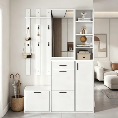 Produktbild von okwish Garderobensets mit Spiegel und Kleiderhaken, Flurschrank inklusive Schuhschrank,wandmontierter Kleiderschrank,Viel Stauraum,Weiß