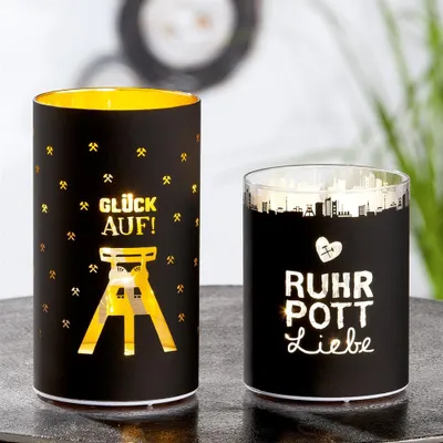 Produktbild von GILDE Windlicht (LED), "Ruhrpott", Spruch, Zechenmotiv, Glas, schwarz, , 2 Stück wie abgebildet, H. 18 cm, D. 10 cm 40449