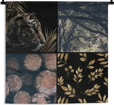 Produktbild von MuchoWow® Wandteppich Wandbehang Tiger - Collage - Baum - Gold 150x150 cm Tapisserie Dekoration Wandtuch - Wohnaccessoires - Modernes