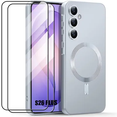 Image de Coque + 2 Verres Trempés pour Samsung Galaxy S26 Plus, Silicone Slim Anti-Rayures avec Cercle Magnétique - Argenté