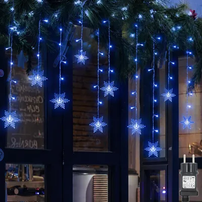 Productafbeelding van 2 stuks sneeuwvlok lichtketting, 94 LED's, blauwe lichtgordijn, voor binnen, 8 modi, IP44, decoratie voor Kerstmis, ramen, balkon, tuin, feest