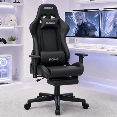 Gaming-Stuhl mit Fußstütze, 150 kg, PU-Leder, schwarz
