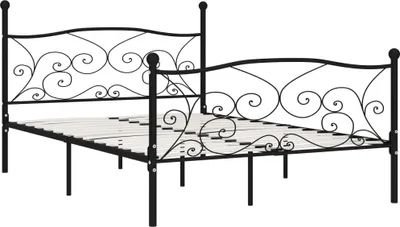 A black metal bed frame with a wooden slatted base, shown from a side-diagonal angle against a white background.