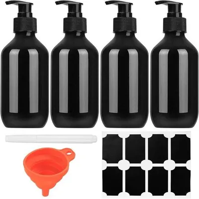 Zdjęcie produktu dla Allecto Premium - Puste butelki wielokrotnego napełniania 300 ml z dozownikiem mydła i pompką do balsamu - do kuchni i łazienki - czarne - z lejkiem na etykiety