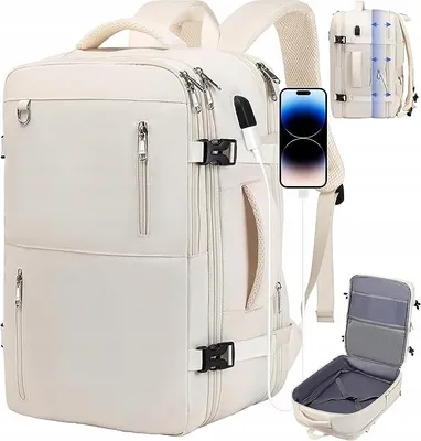 Produktbild von Delgeo Reiserucksack für Damen und Herren, Großer Handgepäck-Rucksack, Erweiterbare Handgepäcktasche, 17-Zoll-Laptop-Rucksack für Reisen, Beige