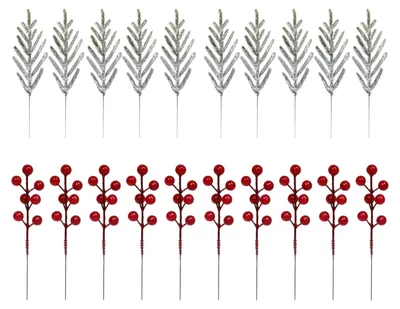 Produktbild von 10/20 künstliche Norfolk-Kiefernzweige, 13-fach verzweigt, künstliches Grün, künstliche rote Beeren, DIY-Vase, Weihnachtsdekoration, Partydekoration, Heimdekoration