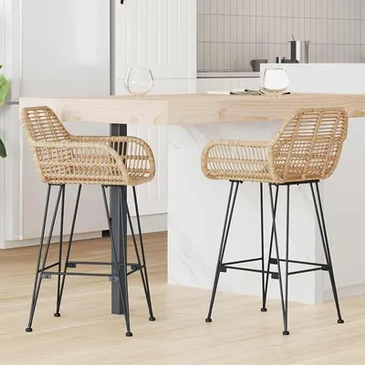 Produktbild von Barstuhl 2er Set 55 x 52 x 92 cm Rattan und Eisen Barhocker mit Rückenlehne und Armlehne komfortabel für Küche Esszimmer Bar Theke Lounge