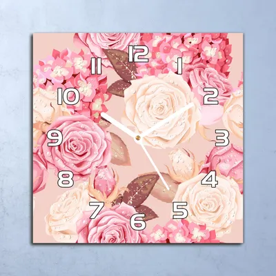Produktbild von Deko Glasuhr Wanduhr 30x30 Rosa Rosen Hortensie Quarz Küchenuhr Bürouhr
