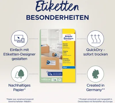 Produktbild von Avery Zweckform J8173-25 Versand-Etiketten, A4, 99,1 x 57 mm, 25 Bogen/250 Etiketten, weiß