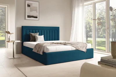Obrázok produktu pre FURNISTAR Čalúnená posteľ BEA I s úložným priestorom | Dvojlôžková s úložným priestorom a roštom | Vzhľad boxspring | Bez matraca | Spálňa – tmavomodrá
