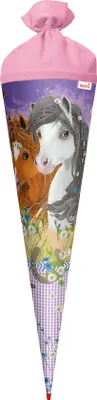 Produktbild von ROTH Schultüte groß Blumenpferde 70 cm mit Glitter rund, Rot(h)-Spitze Filzverschluss Zuckertüte Schulanfang