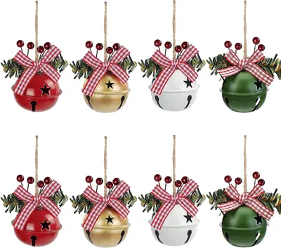 Produktbild von Set mit 8 weihnachtlichen Metallglöckchen-Anhängern + Schleife/Beeren – für Bäume, Girlanden, Fenster